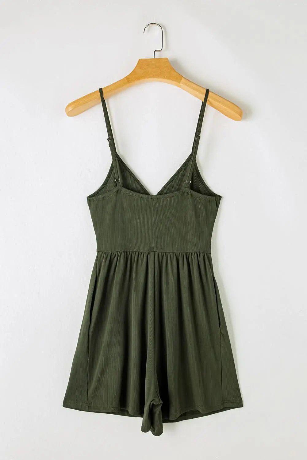 Moss Green Spaghetti Straps Cinched Waist Ribbed Romper - Love Salve